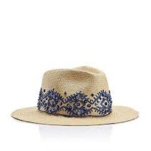 Tory Burch Tan Hat with Blue Embroidery